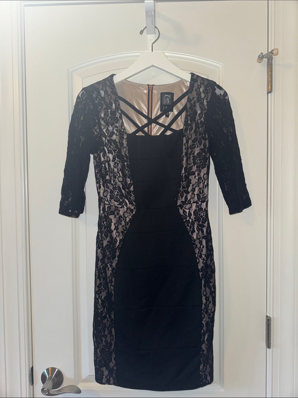 Jax Black Lace-Panel Bodycon Dress with Strappy Neckline